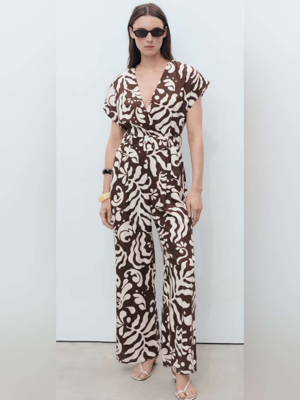 Mango PRINTED LINEN JUMPSUIT WITH BELT size XL